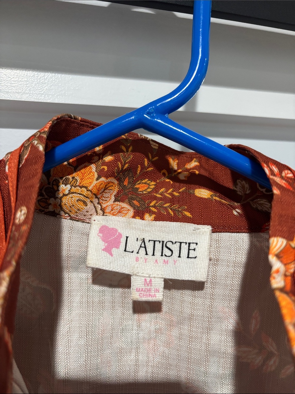 L'ATISTE Rust Floral Long-Sleeve Mini Dress with Waist Tie - Picture 2 of 7